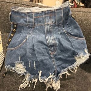 NUDE Distressed Blue‎ Jean Shorts with Button Accents